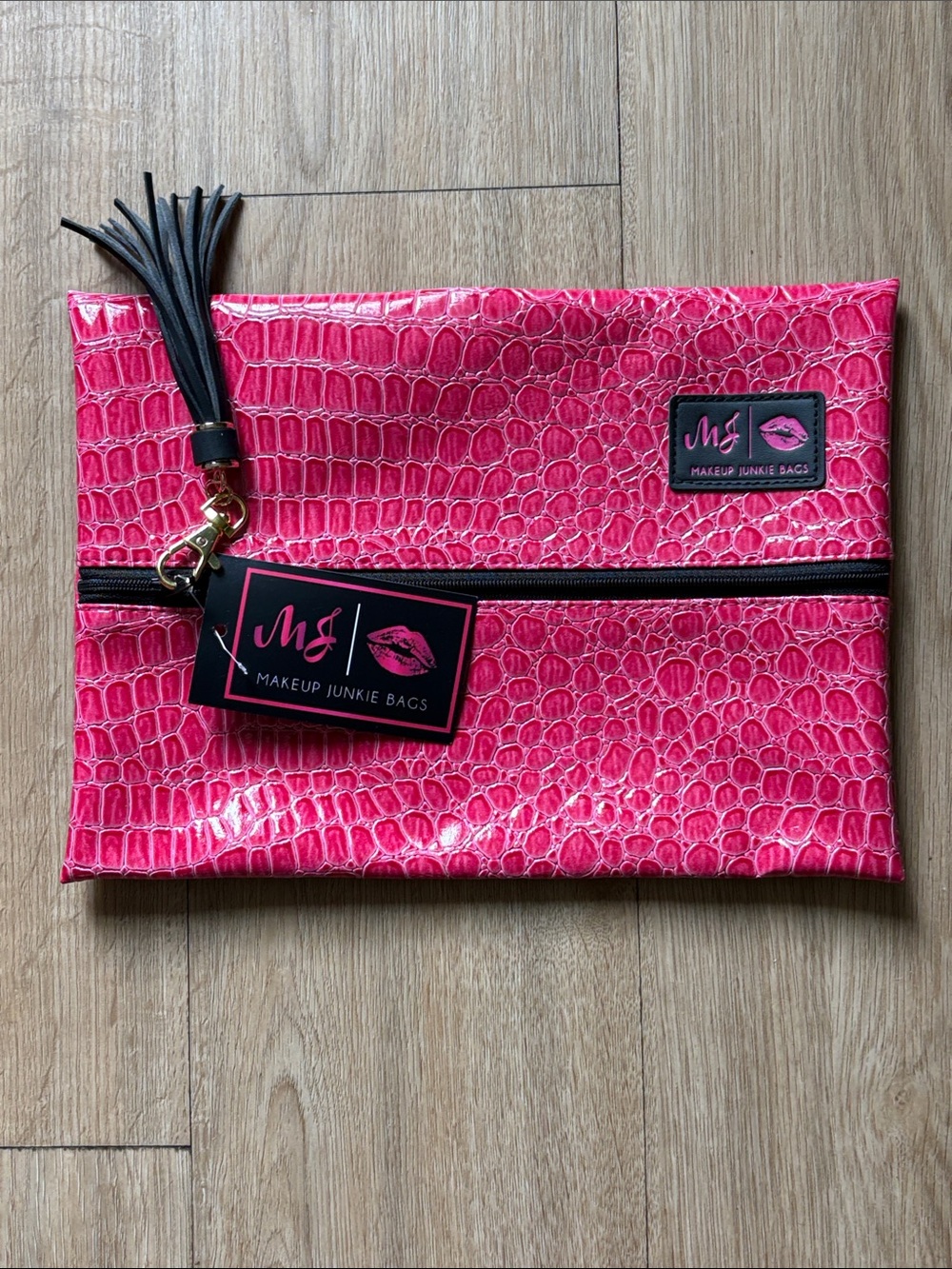 MSK Hot Pink Croc-Embossed Makeup Pouch with Tassel